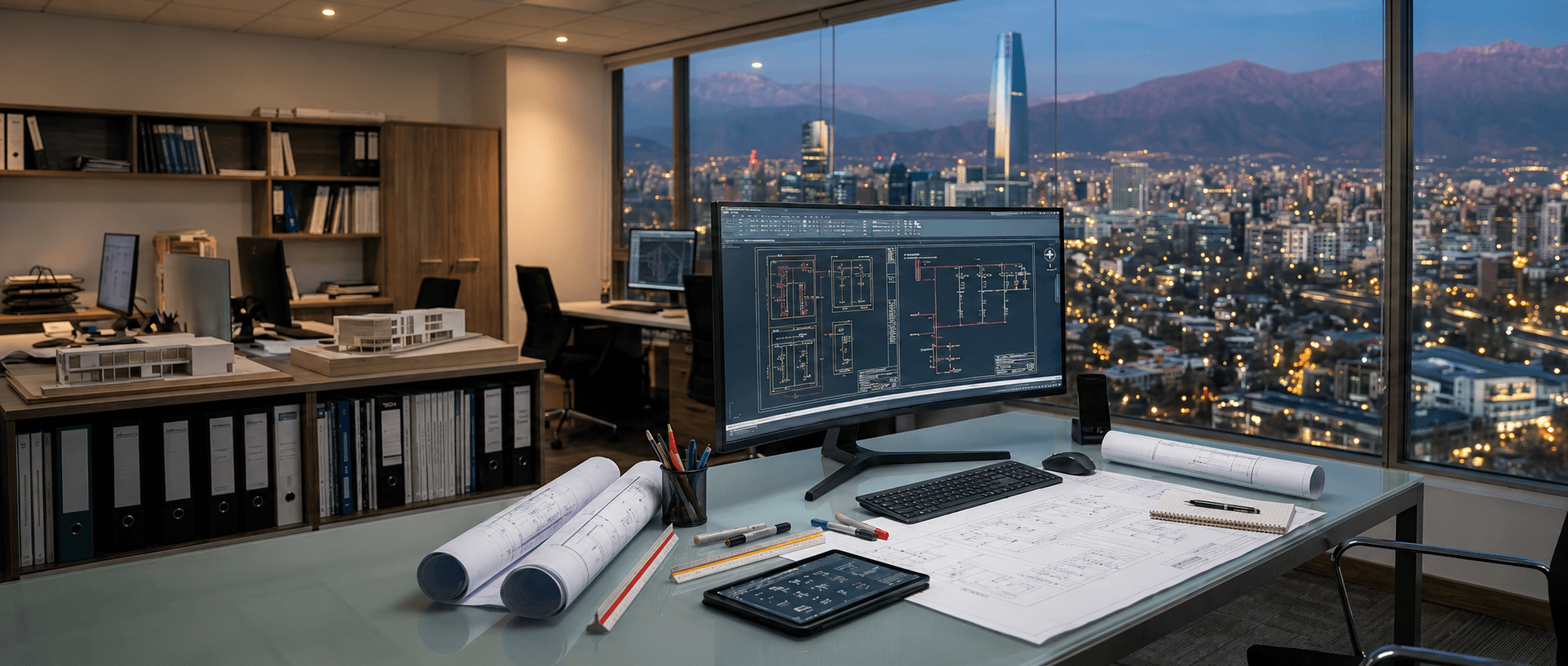 Oficina de ingeniería con planos eléctricos, maquetas y vista a Santiago de noche